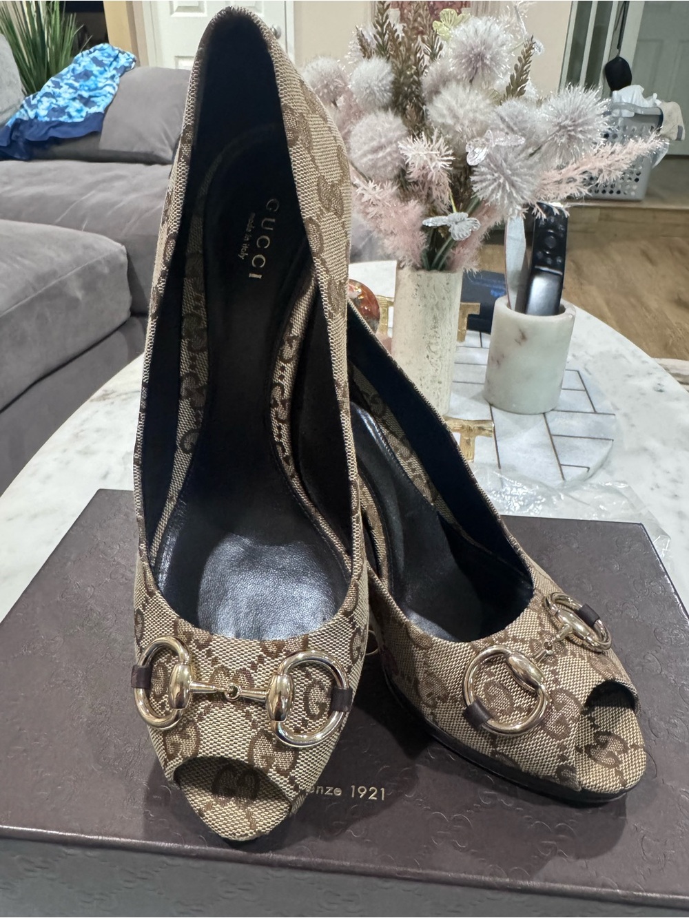 Gucci Women's Beige GG Canvas Peep-Toe Pumps with Gold Hardware